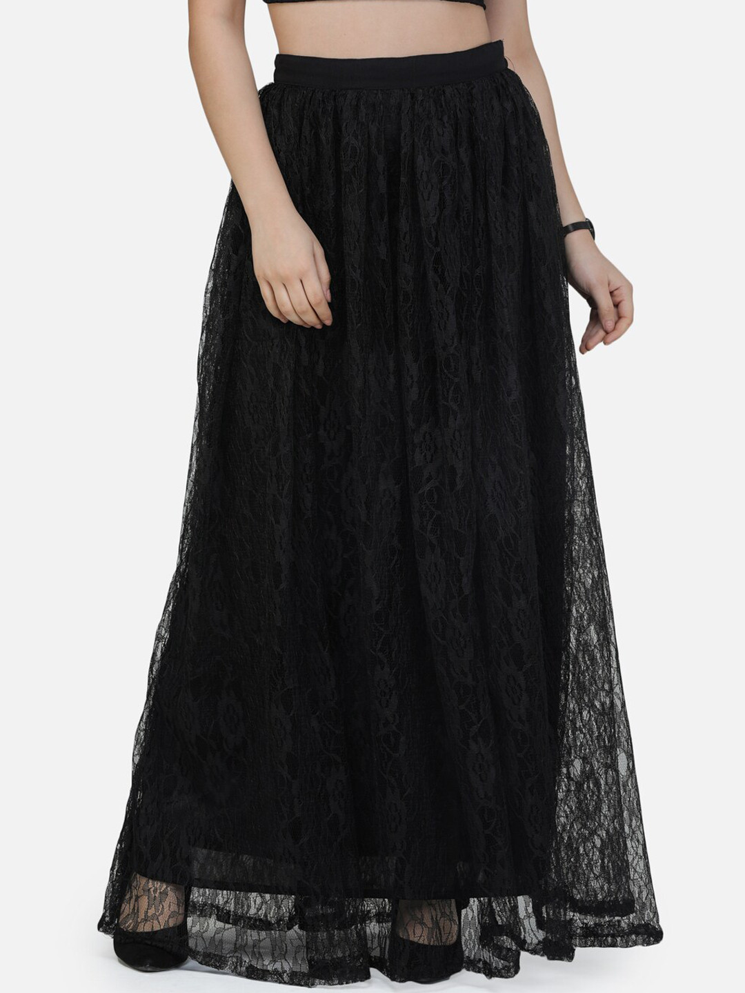 SCORPIUS Women Black Self-Design A-Line Maxi Net Skirt