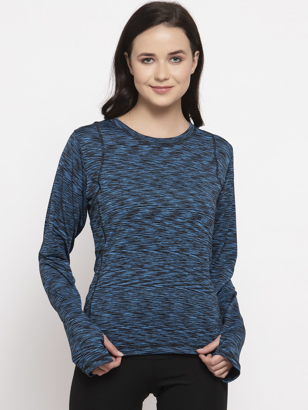 CUKOO Women Blue Self Design Round Neck T-shirt