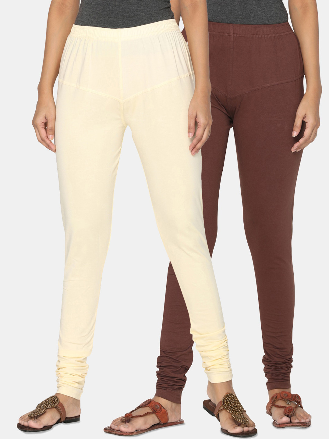 TSG Bliss Women Pack Of 2 Cream-Colored & Burgundy Solid Churidar-Length leggings
