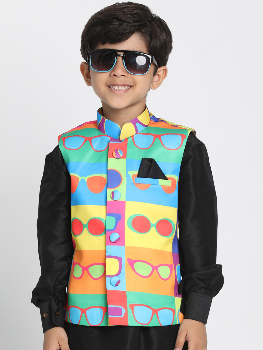 JBN Creation Boys Green & Yellow Printed Nehru Jacket