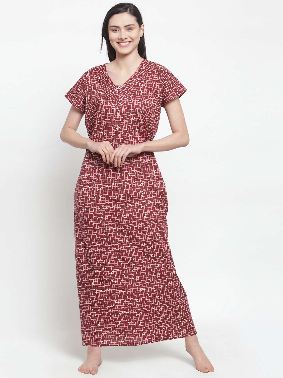 Secret Wish Maroon & White Printed Nightdress