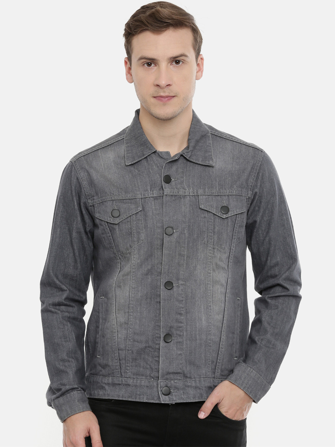 CINOCCI Men Grey Solid Denim Jacket