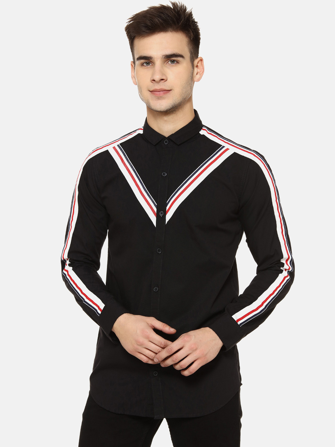 Campus Sutra Men Black & Off-White Regular Fit Striped Casual Shirt