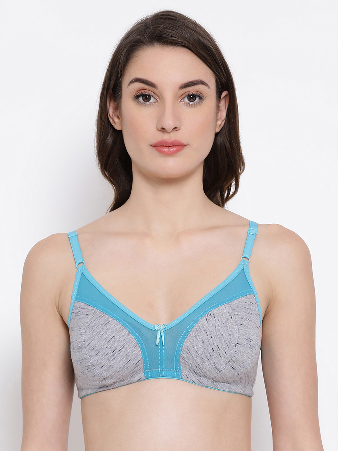 Clovia Grey & Turquoise Blue Colourblocked Non-Wired Non Padded Everyday Bra BR1652P013