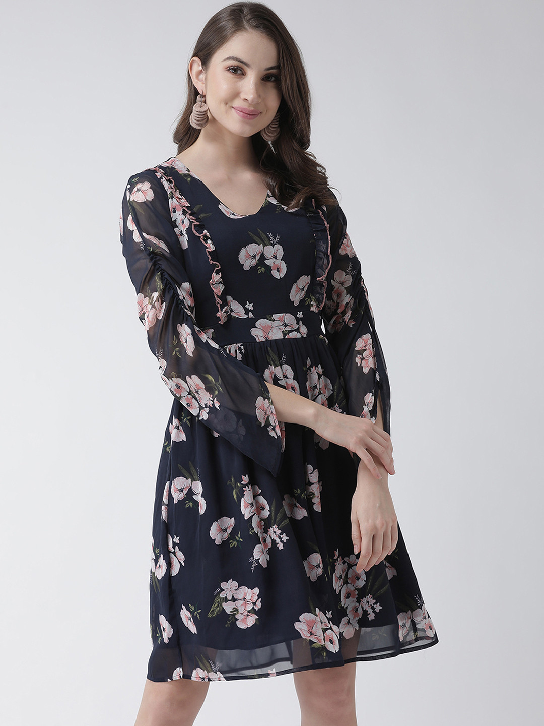 KASSUALLY Women Navy Blue Floral Printed Ruffle Trim Fit and Flare Dress