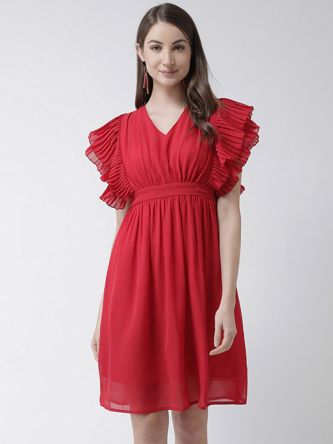 KASSUALLY Red V-Neck Blouson Dress