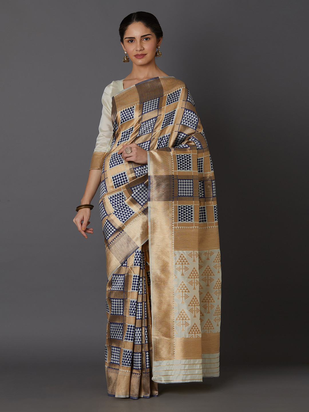 Mitera Blue & Grey Silk Blend Woven Design Kanjeevaram Saree