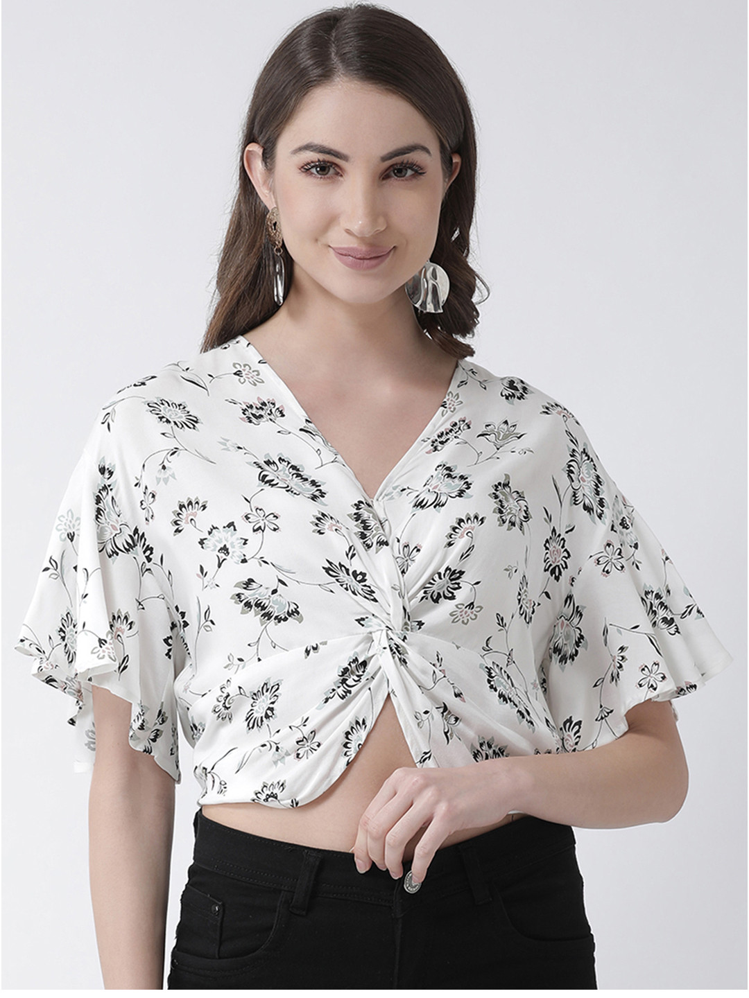 KASSUALLY Women White & Black Printed Wrap Pure Cotton Top