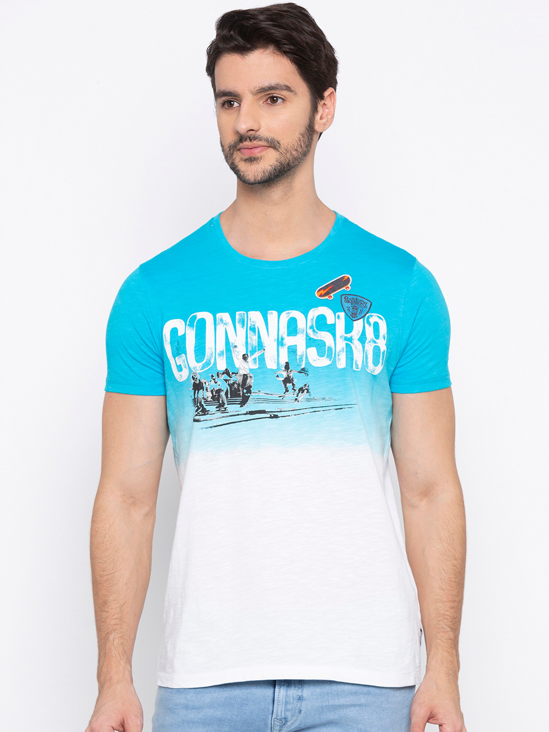 SPYKAR Men Blue Colourblocked Round Neck T-shirt