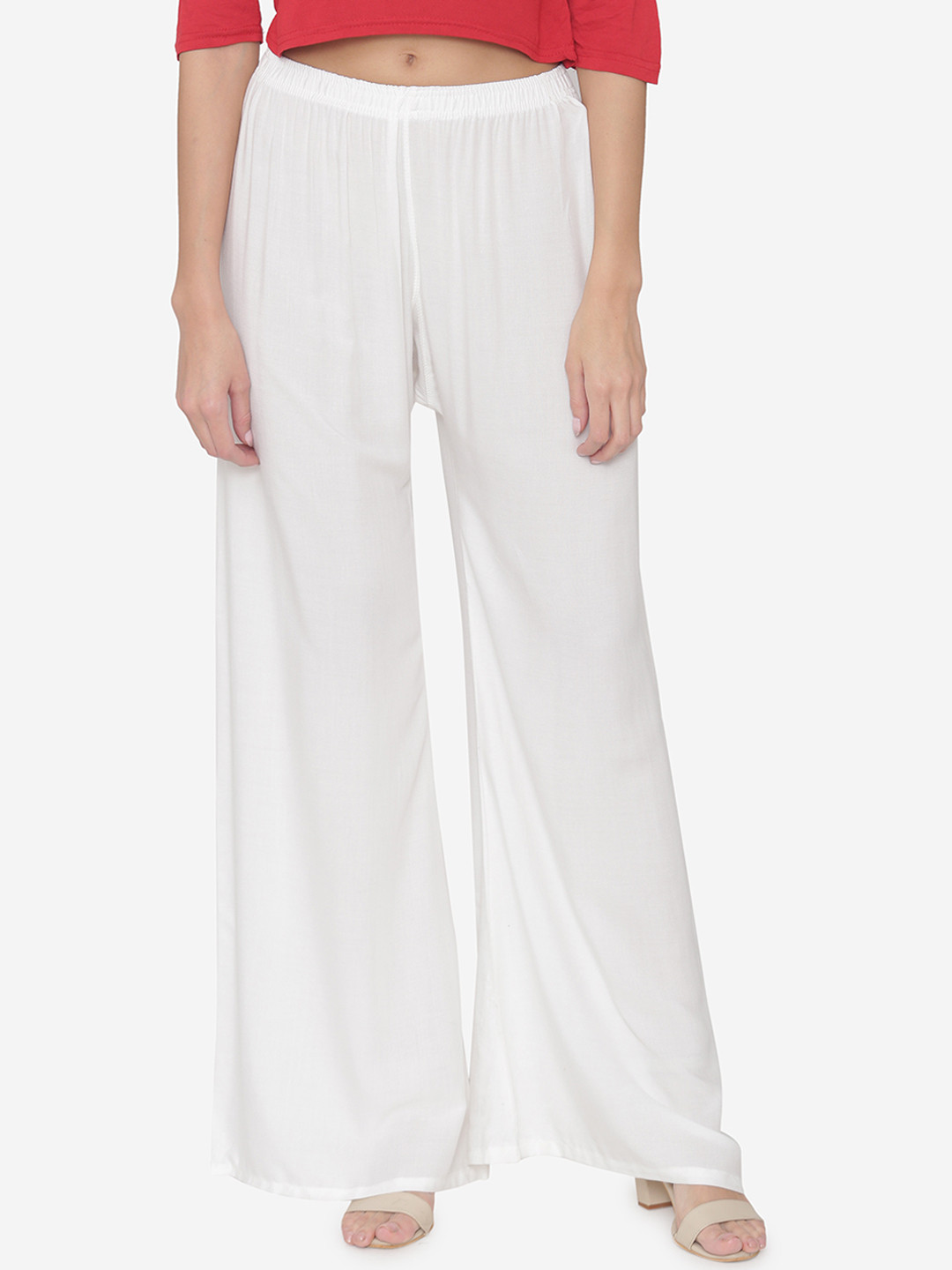 N-Gal Women White Solid Wide Leg Palazzos