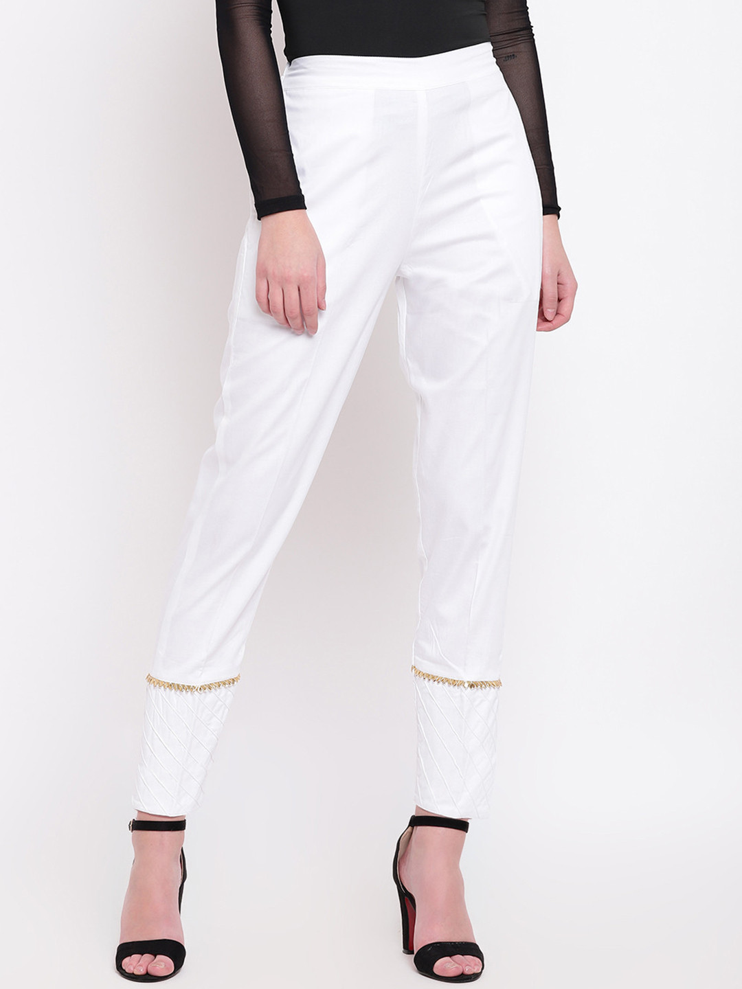 RIVI Women White Regular Fit Embellished Cigarette Trousers