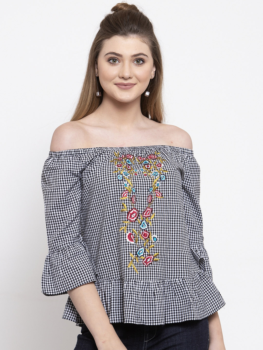 Gipsy Women Black & Off-White Checked Bardot Top