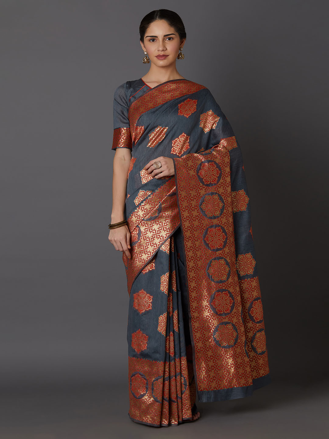 Mitera Grey & Red Silk Blend Woven Design Kanjeevaram Saree