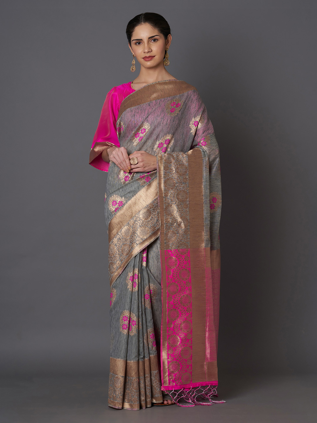 Mitera Grey & Pink Silk Blend Woven Design Kanjeevaram Saree