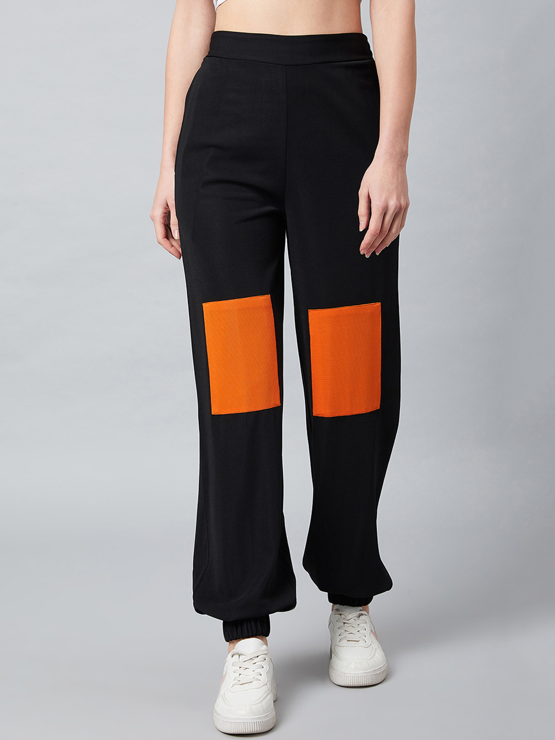 Athena Women Black & Orange Loose Fit Solid Joggers