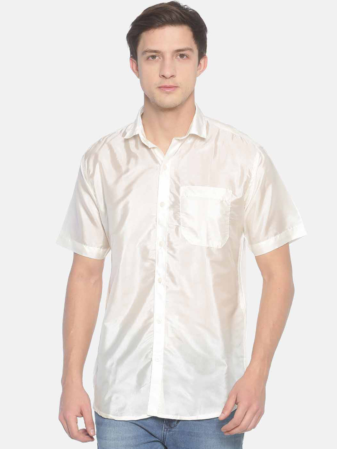 Sethukrishna Men Cream-Coloured Standard Tailored Fit Solid Casual Shirt