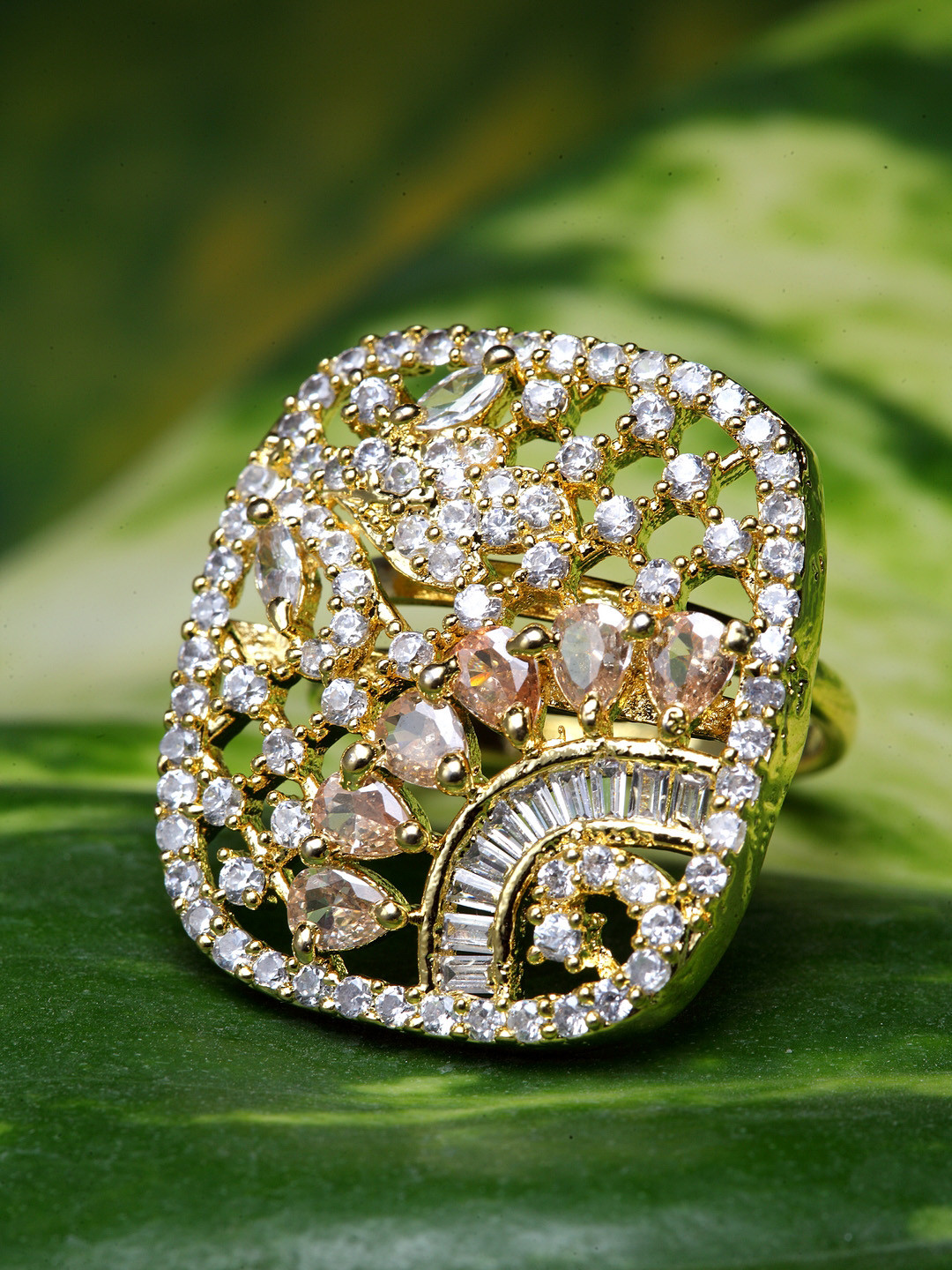 Bhana Fashion Gold-Plated & White American Diamond Handcrafted Finger Ring