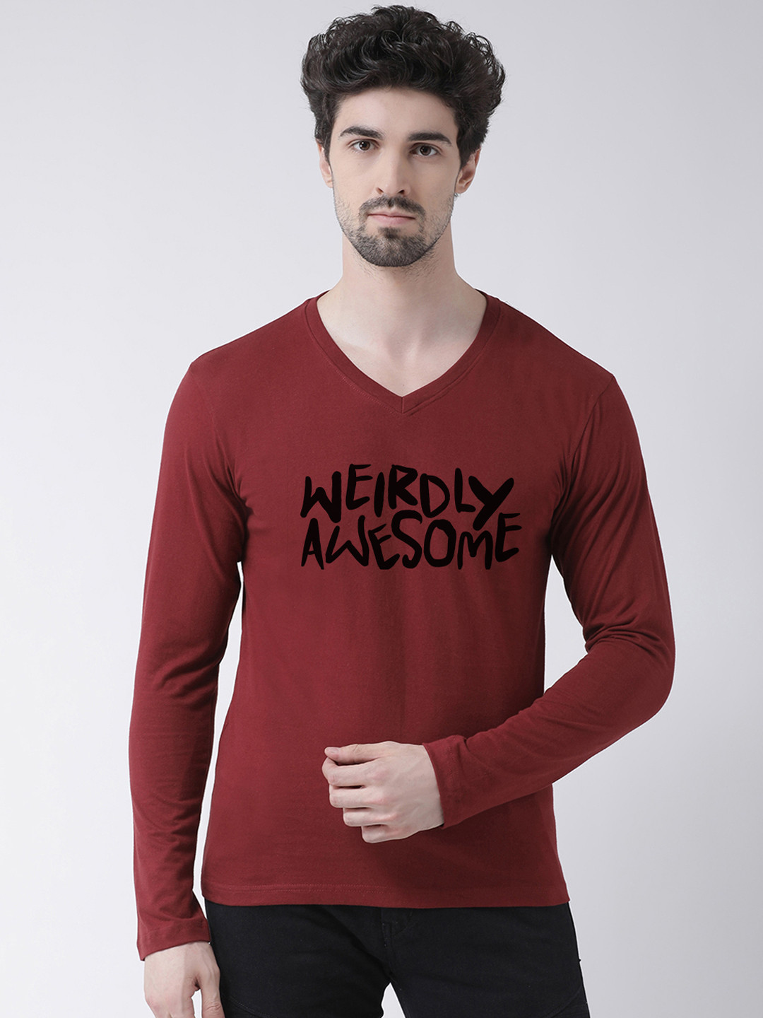 Friskers Men Maroon Printed V-Neck T-shirt