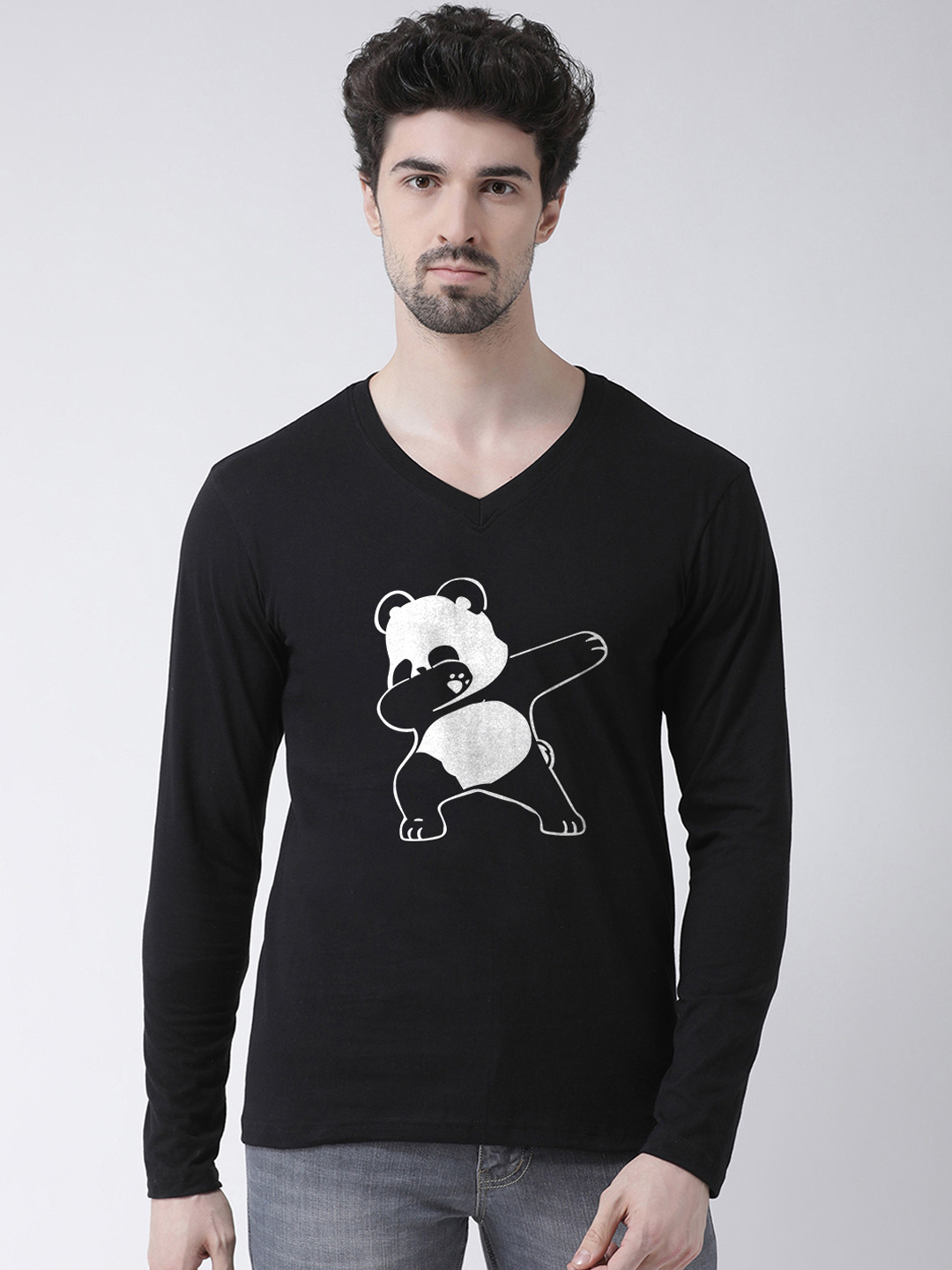 Friskers Men Black Printed V-Neck T-shirt