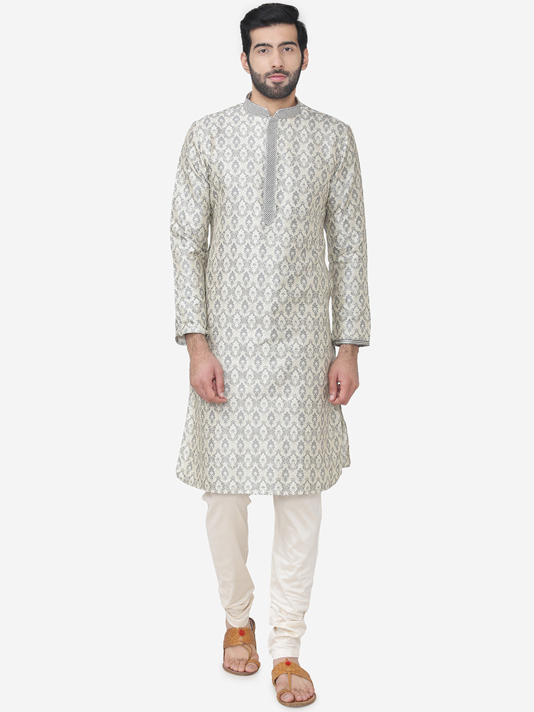 Manyavar Men Grey & Off-White Self Design Kurta with Churidar