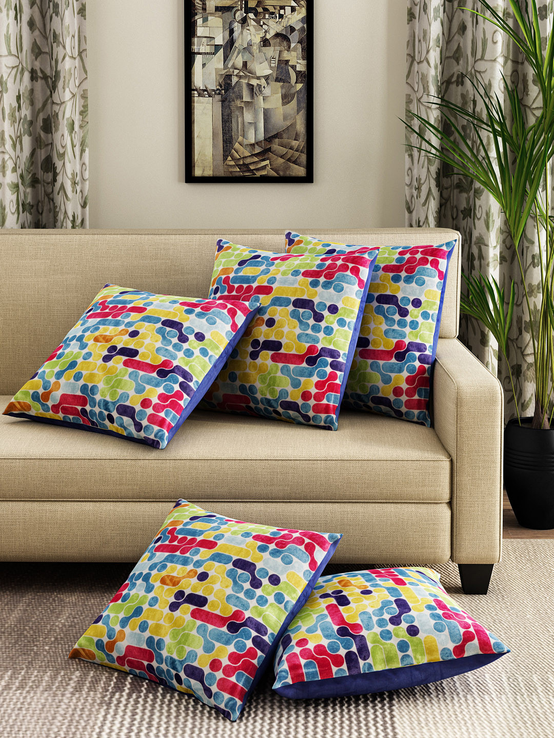 ROMEE Multicoloured Geometric Velvet Durable 5 Piece Square Cushion Covers -16x16In