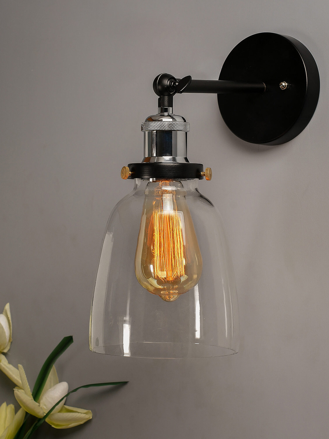 Homesake Black & Transparent Solid Handcrafted Glass Bell Swing Arm Light