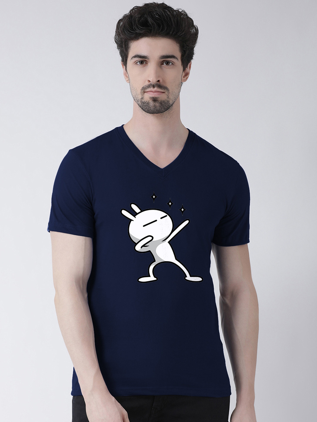 Friskers Men Navy Blue Printed V-Neck T-shirt