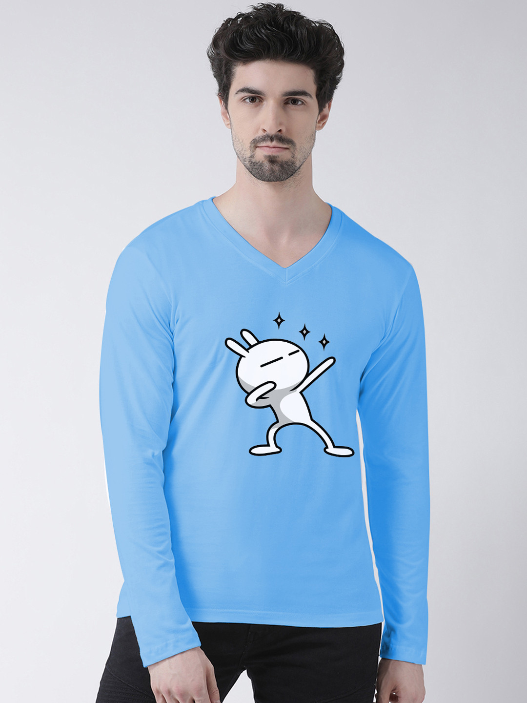 Friskers Men Turquoise Blue Printed V-Neck T-shirt