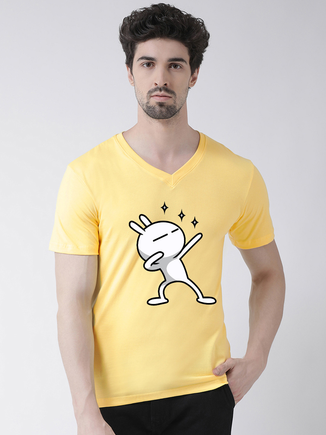 Friskers Men Yellow & White Printed V-Neck T-shirt