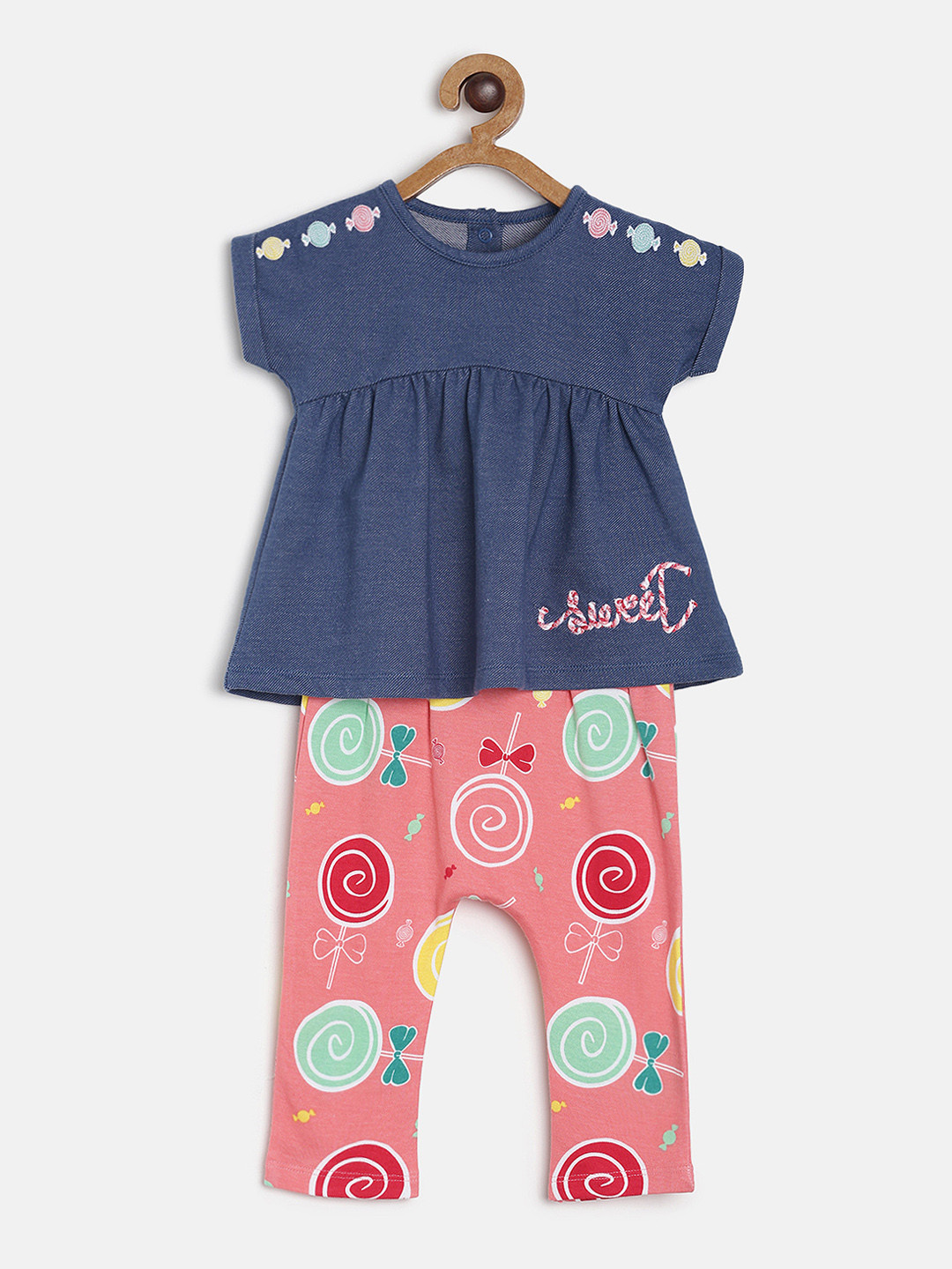 MINI KLUB Girls Navy Blue & Pink Solid Top with Pyjamas