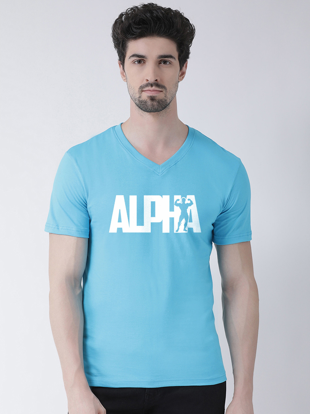 Friskers Men Turquoise Blue Printed V-Neck T-shirt