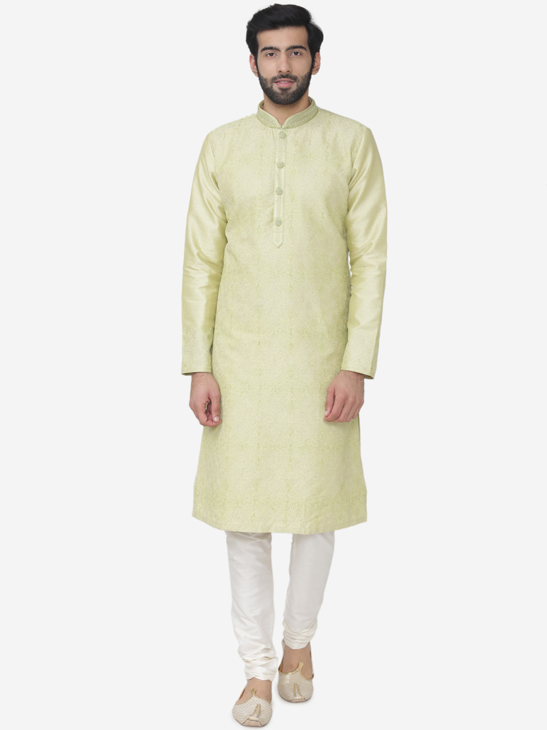 Manu Men Green & White Self Design Kurta with Churidar
