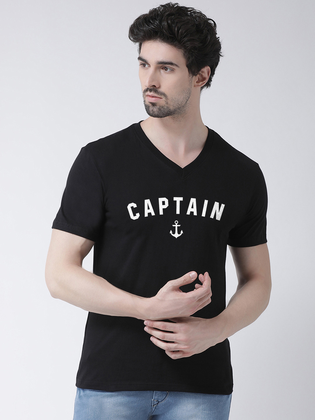 Friskers Men Black Printed V-Neck T-shirt