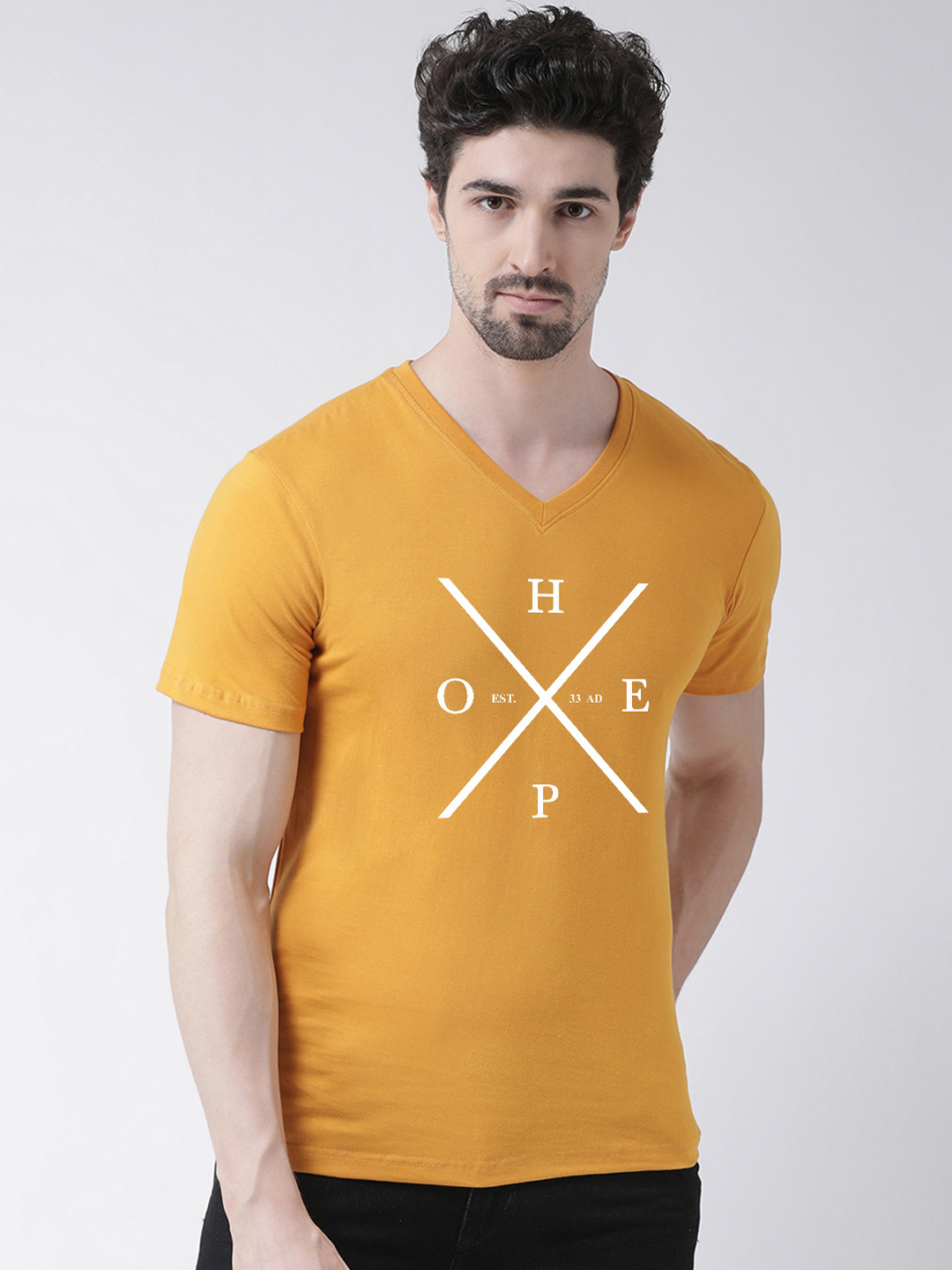 Friskers Men Yellow Printed V-Neck T-shirt