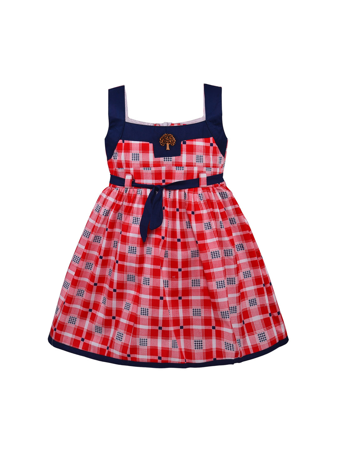 Wish Karo Girls Red & Navy Blue Checked Fit and Flare Dress