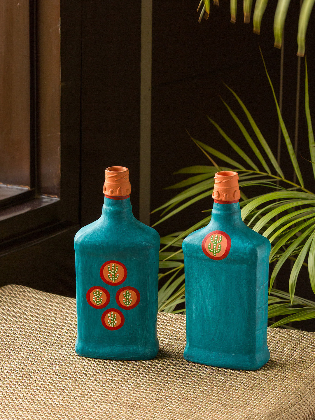 ExclusiveLane Turquoise Blue & Brown 2 Pieces Handpainted Money Planter Bottle Vase Set