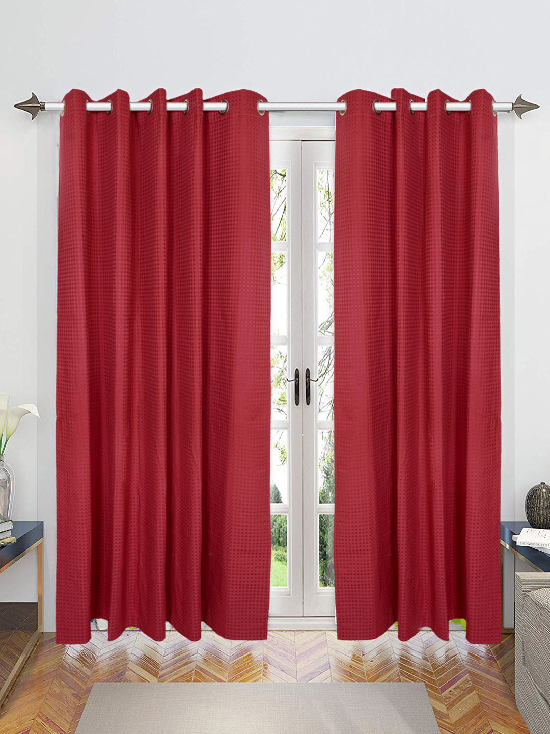 Saral Home Waffle Cotton Set of 2 Maroon Long Door Curtains
