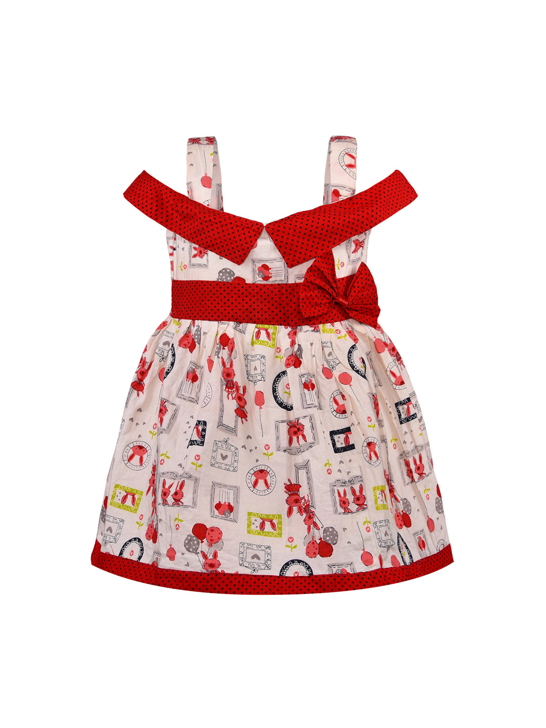 Wish Karo Girls Red & Off-White Printed Fit and Flare Dress
