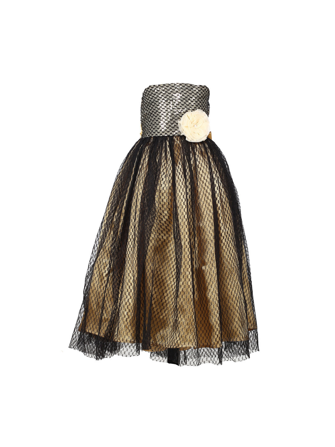 Samsara Couture Girls Gold-Toned & Black Self Design Fit and Flare Dress