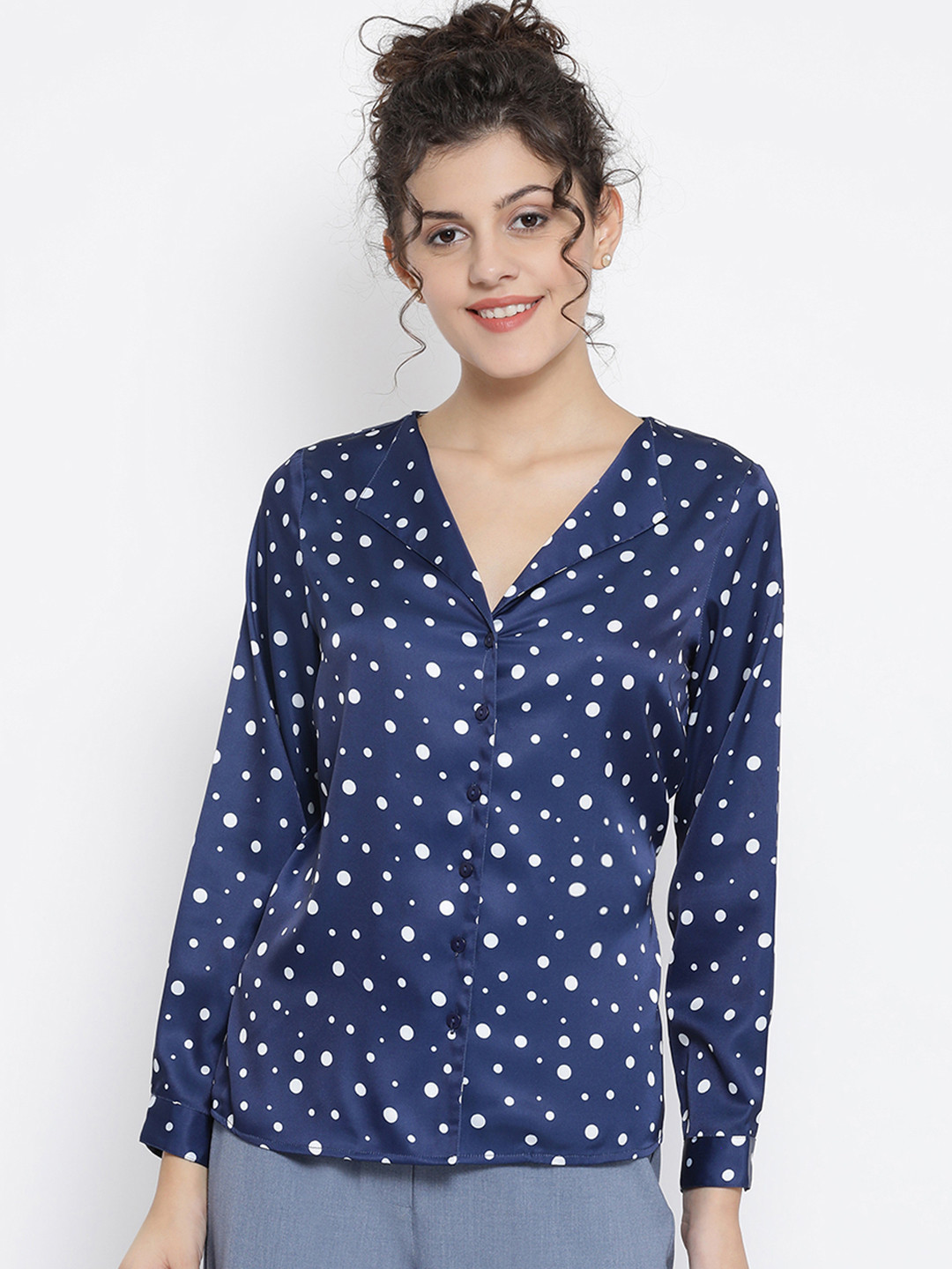 OFFICE & YOU Women Navy Blue Polka Dot Shirt Style Top