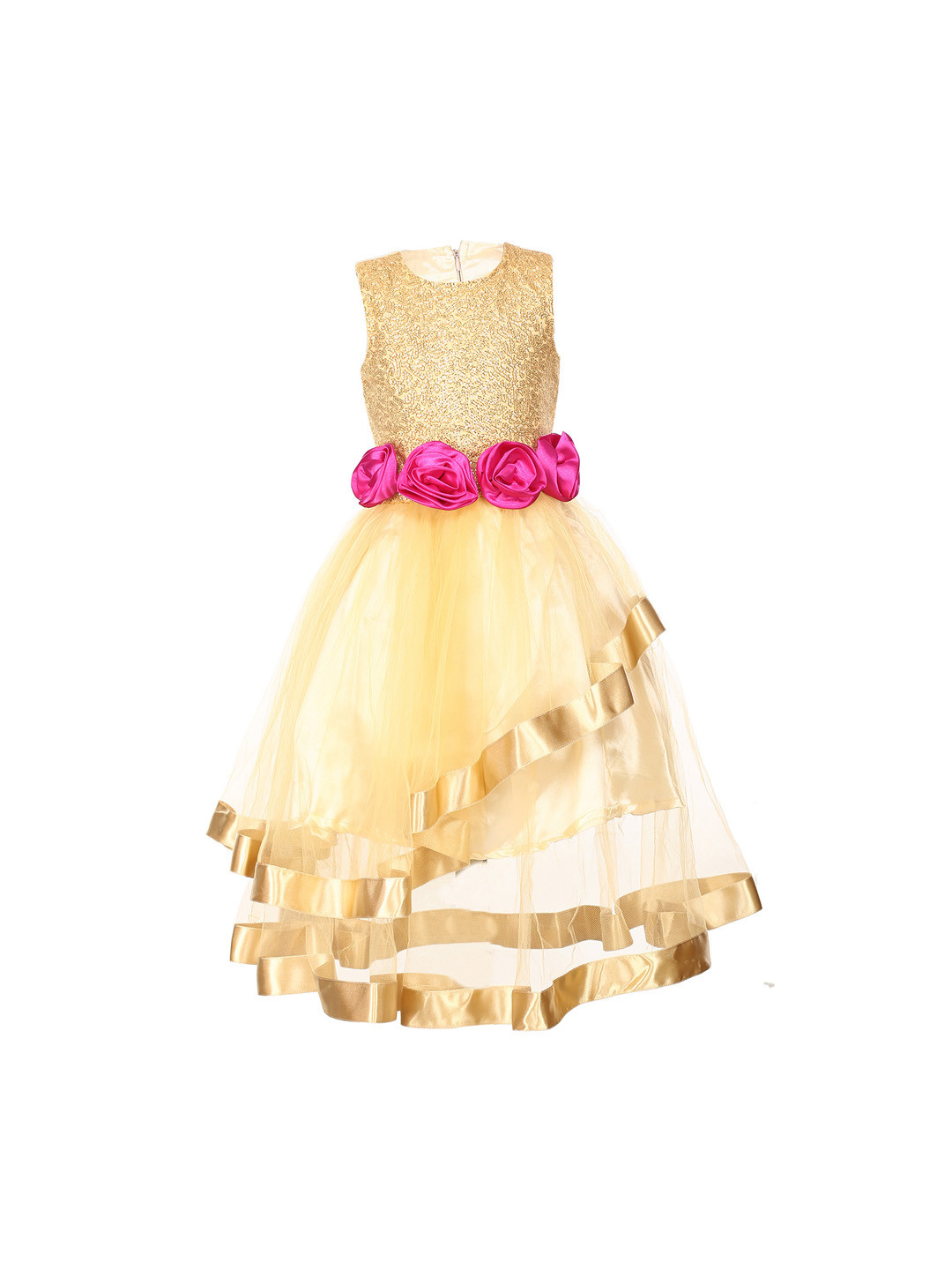 Samsara Couture Girls Gold-Toned & Pink Embellished Fit and Flare Dress