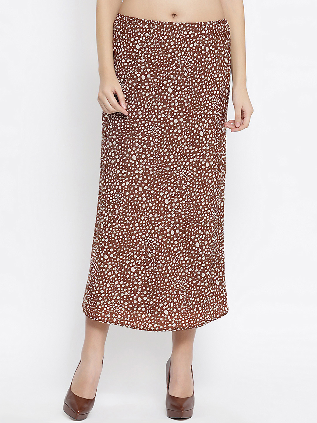 OFFICE & YOU Women Brown & White Animal Printed Straight Midi Skirt