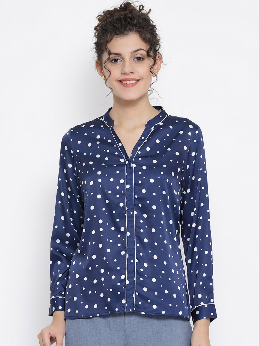 OFFICE & YOU Women Navy Blue Polka Dot Shirt Style Top