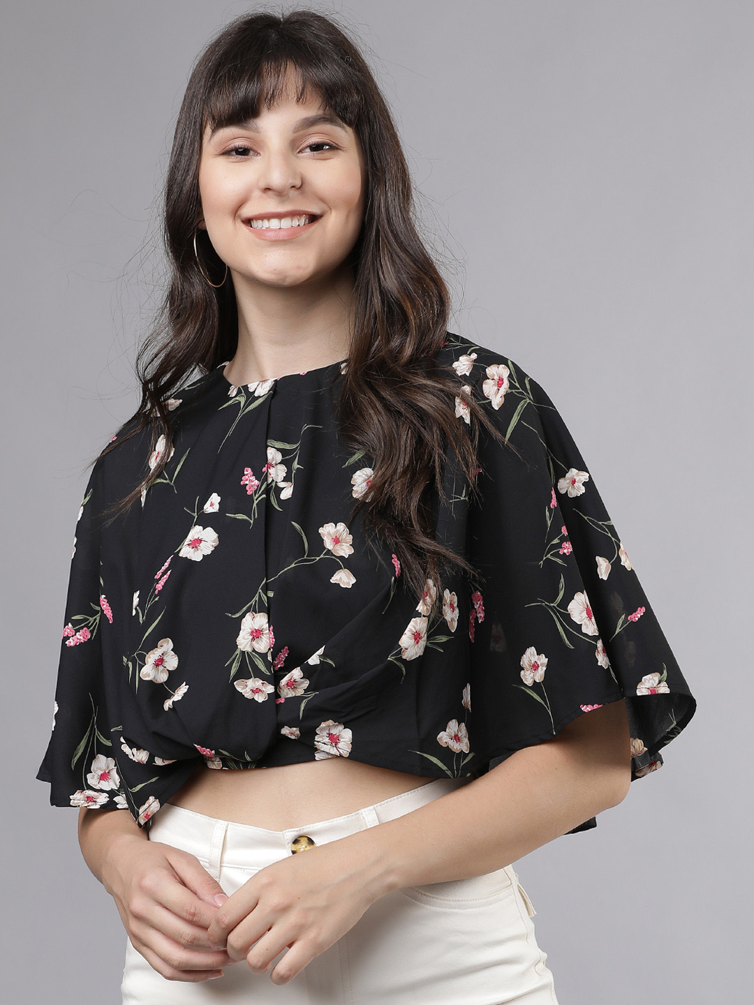 Tokyo Talkies Women Black Printed Crop Blouson Top
