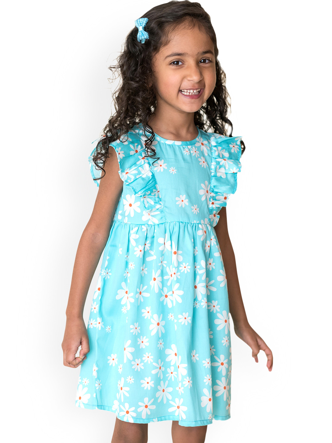 Campana Girls Turquoise Blue & White Floral Print Fit and Flare Dress
