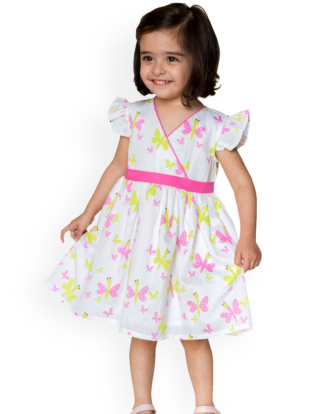 Campana Girls White & Pink Butterfly Print Fit and Flare Dress