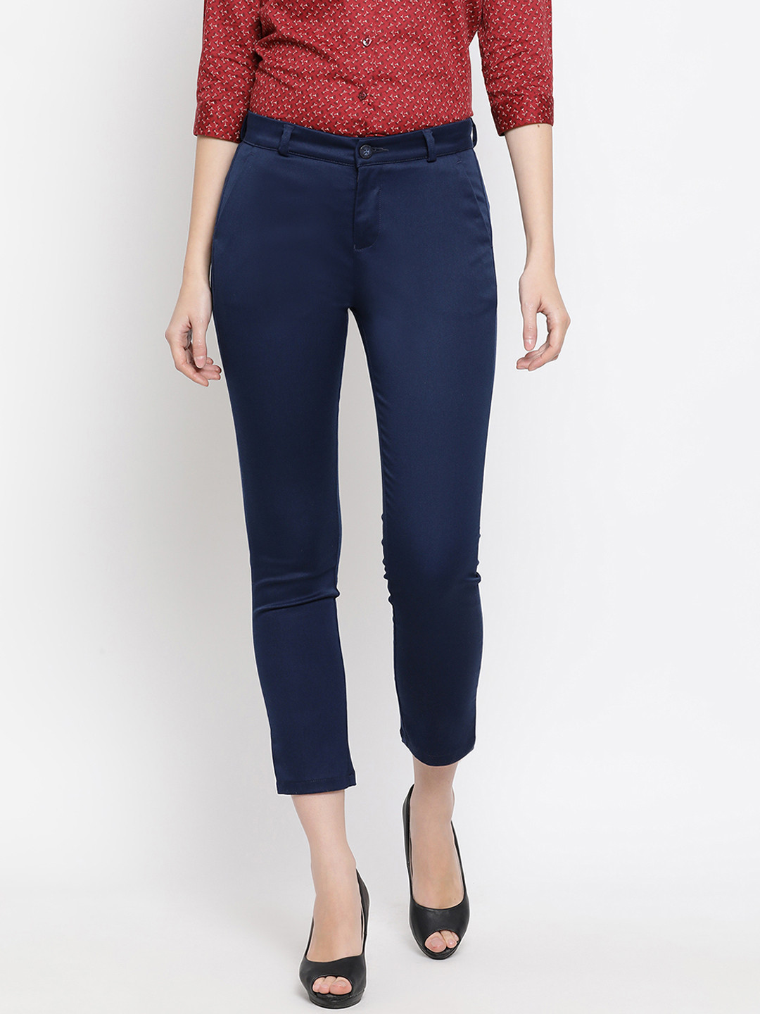 Crimsoune Club Women Navy Blue Urban Slim Slim Fit Solid Cigarette Trousers