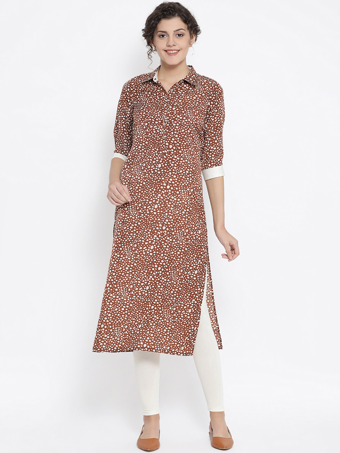 OFFICE & YOU Women Brown & Off-White Printed Straight Kurta