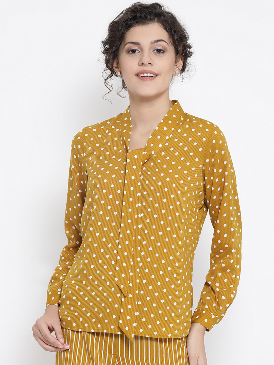 OFFICE & YOU Women Mustard Yellow Polka Dot Printed Top