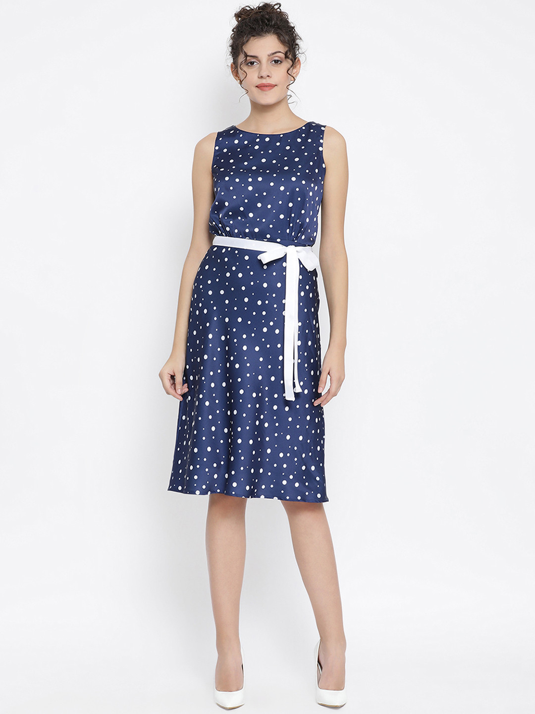 OFFICE & YOU Women Blue & White Printed Fit and Flare Dress